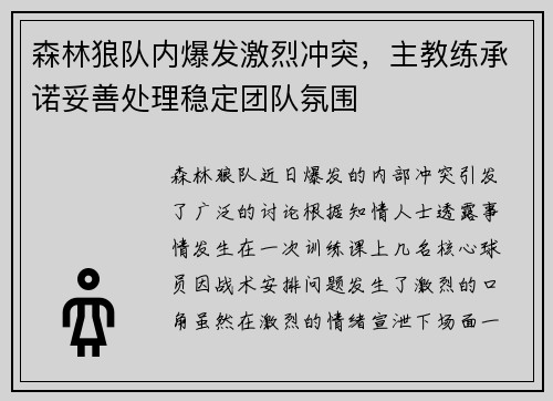 森林狼队内爆发激烈冲突，主教练承诺妥善处理稳定团队氛围
