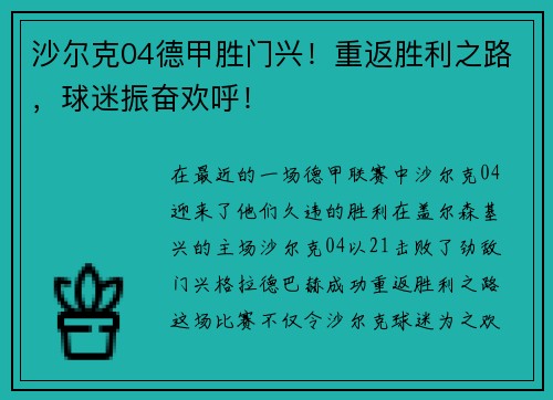 沙尔克04德甲胜门兴！重返胜利之路，球迷振奋欢呼！