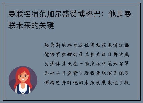 曼联名宿范加尔盛赞博格巴：他是曼联未来的关键