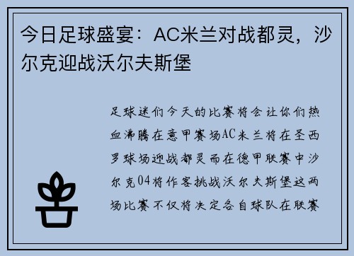 今日足球盛宴：AC米兰对战都灵，沙尔克迎战沃尔夫斯堡