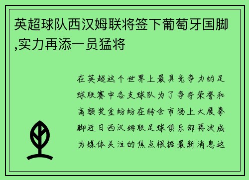 英超球队西汉姆联将签下葡萄牙国脚,实力再添一员猛将