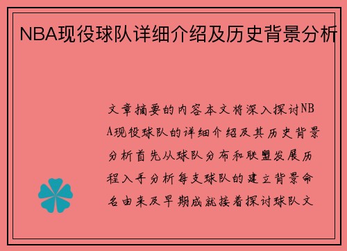 NBA现役球队详细介绍及历史背景分析